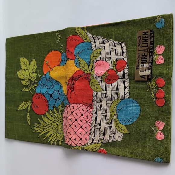 Vintage Parisian Prints Pure Linen Tea Towel Fruit Basket Green - Picture 1 of 4